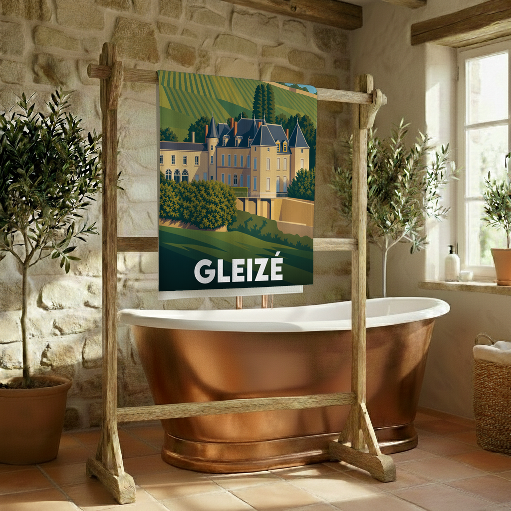 Serviette de bain souvenir de la ville de Gleizé avec une illustration stylisée d'un château.