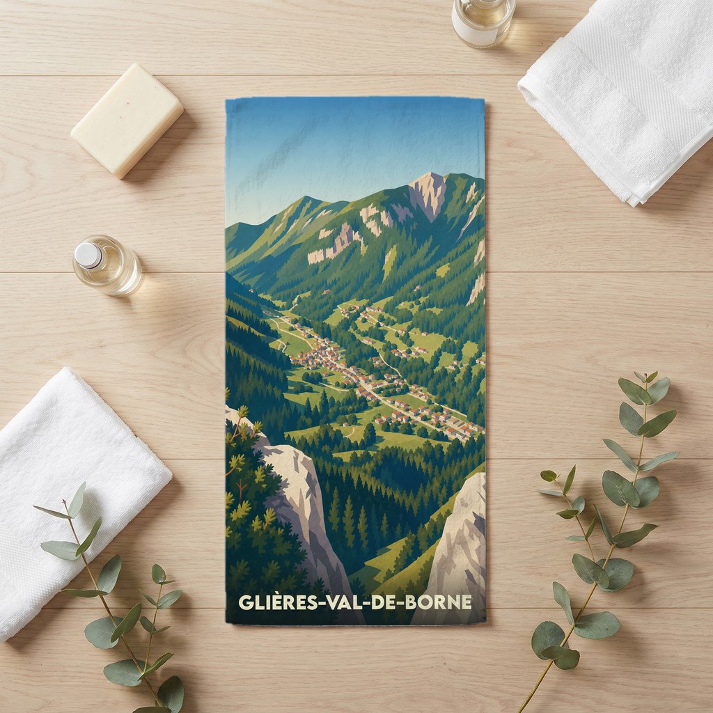 Serviette de bain souvenir de la ville de Glières-Val-de-Borne avec une illustration stylisée de montagne.