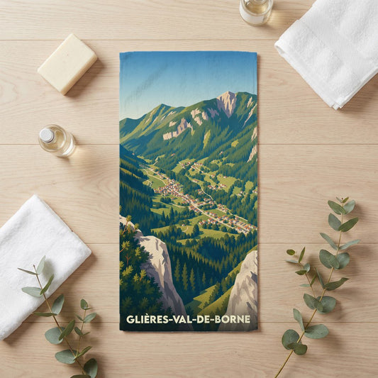 Serviette de bain souvenir de la ville de Glières-Val-de-Borne avec une illustration stylisée de montagne.