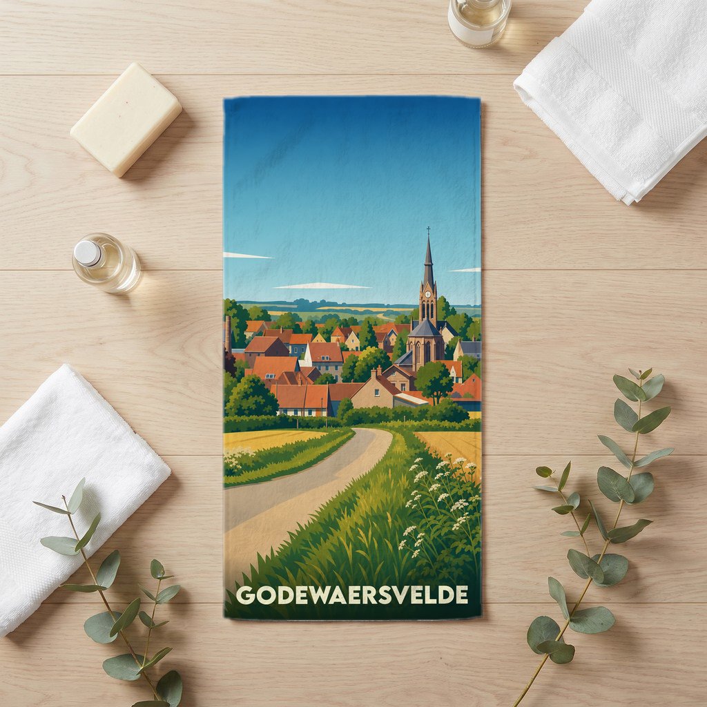 Serviette de bain souvenir de la ville de Godewaersvelde avec une illustration stylisée d'un paysage rural.