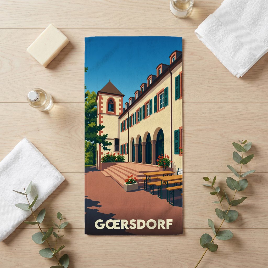 Serviette de bain souvenir de la ville de Gœrsdorf avec une illustration stylisée.