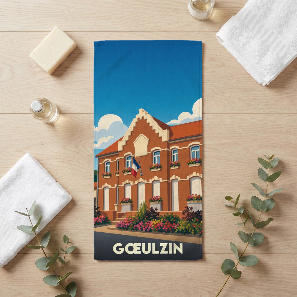 Serviette de bain souvenir de la ville de Gœulzin avec une illustration stylisée.
