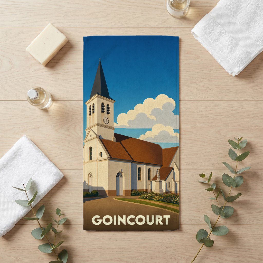 Serviette de bain souvenir de la ville de Goincourt avec une illustration stylisée d'une église.
