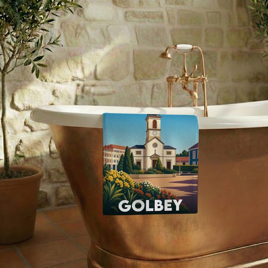 Serviette de bain souvenir de la ville de Golbey avec une illustration stylisée.