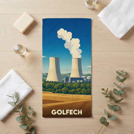 Serviette de bain souvenir de la ville de Golfech avec une illustration stylisée de sa centrale nucléaire.