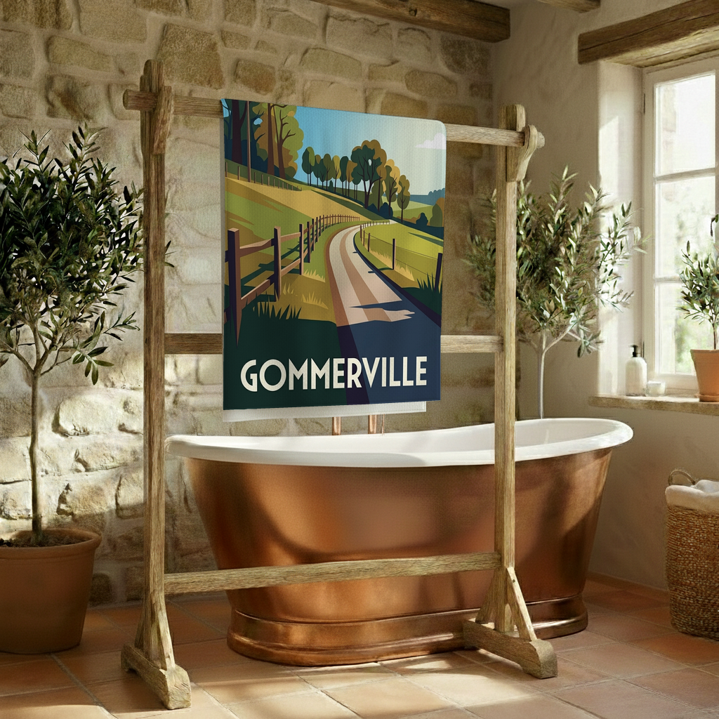 Serviette de bain souvenir de la ville de Gommerville avec une illustration stylisée d'un paysage champêtre.