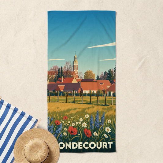 Serviette de bain souvenir de la ville de Gondecourt avec une illustration stylisée d'un paysage champêtre.