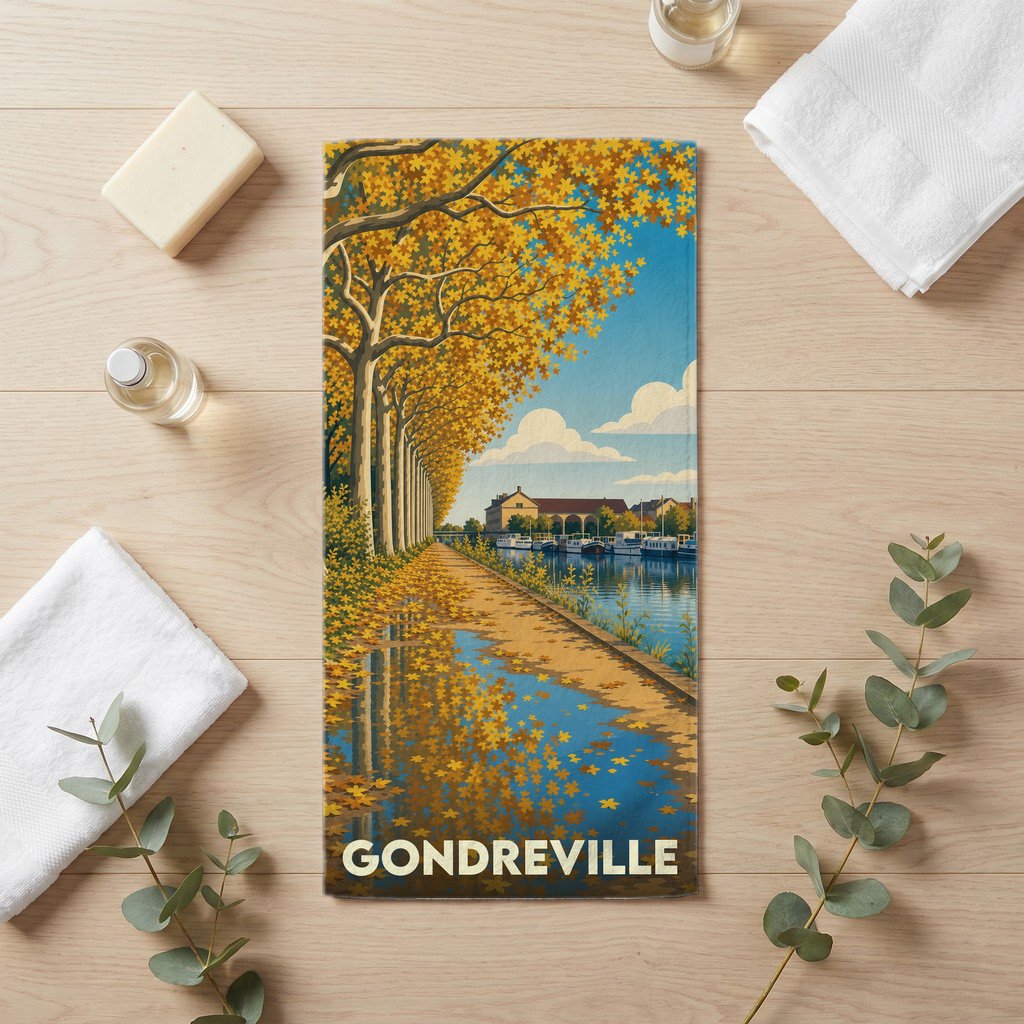 Serviette de bain souvenir de la ville de Gondreville illustrée d'un paysage d'automne au bord de l'eau.