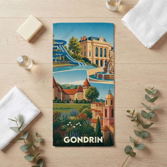 Serviette de bain souvenir de la ville de Gondrin ornée d'une illustration stylisée de ses monuments et paysages.