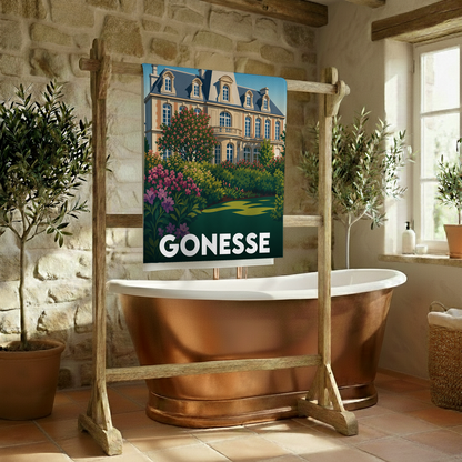 Serviette de bain souvenir de la ville de Gonesse avec une illustration stylisée d'un château et de ses jardins.