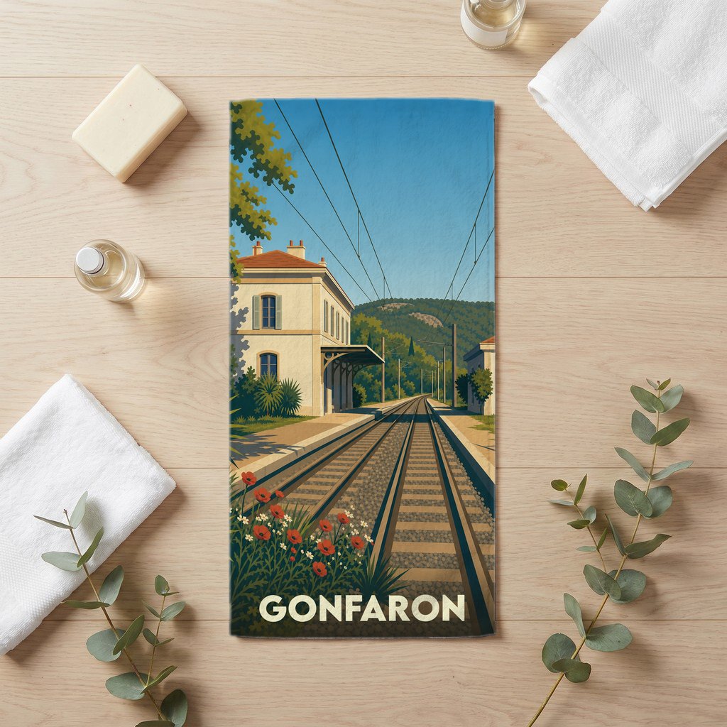 Serviette de bain souvenir de la ville de Gonfaron avec une illustration stylisée de sa gare ferroviaire.