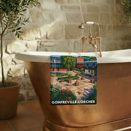 Serviette de bain souvenir de la ville de Gonfreville-l'Orcher avec une illustration stylisée.