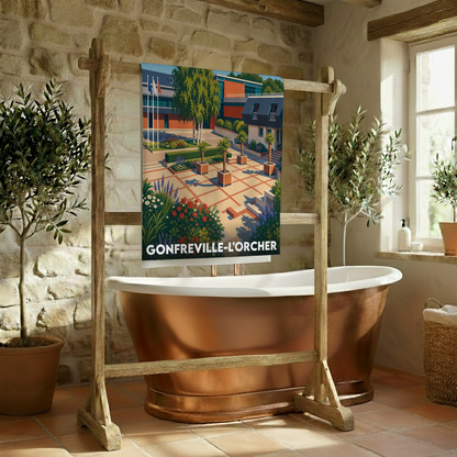 Serviette de bain souvenir de la ville de Gonfreville-l'Orcher avec une illustration stylisée.