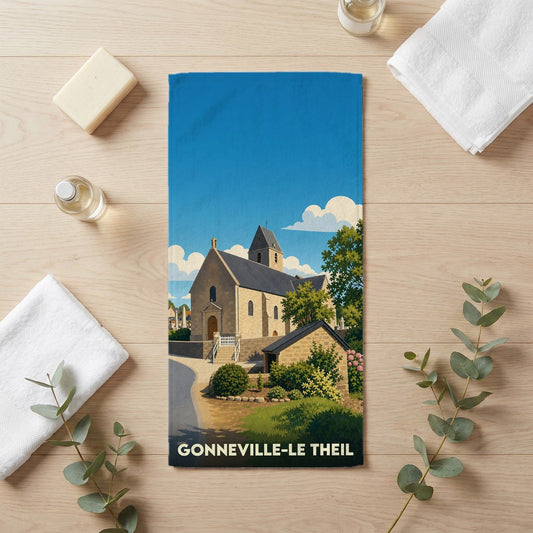 Serviette de bain souvenir de Gonneville-Le Theil illustrant son église dans un style vintage.
