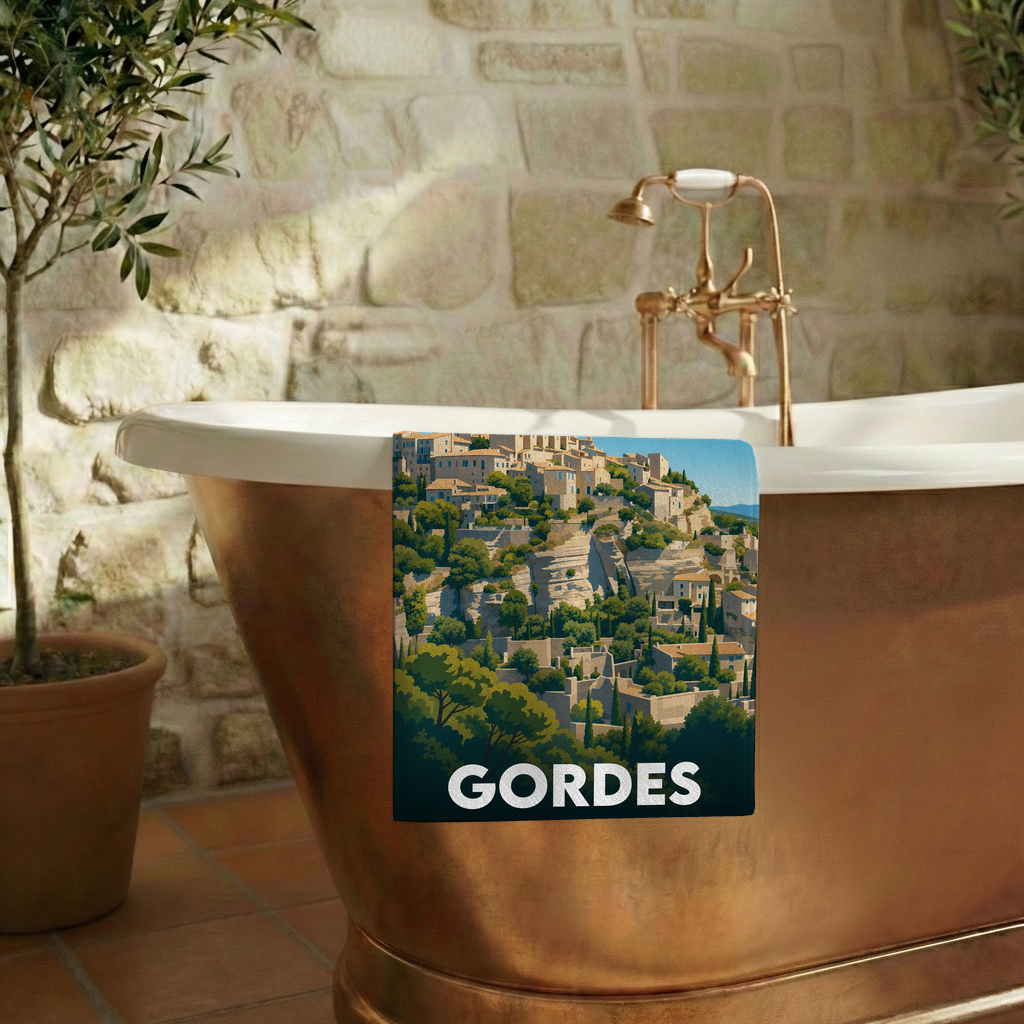 Serviette de bain souvenir de la ville de Gordes avec une illustration stylisée du village perché.