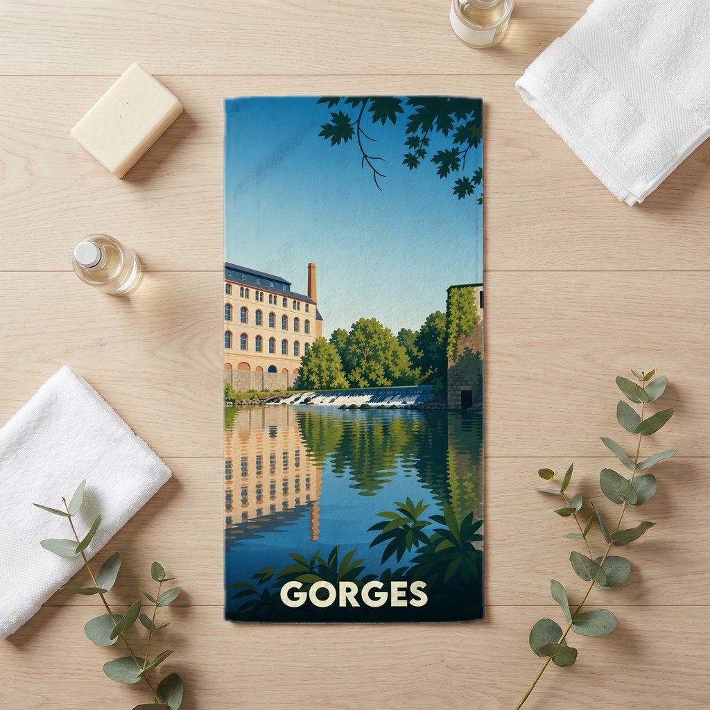 Serviette de bain souvenir de la ville de Gorges illustrée d'un paysage de rivière et d'architecture ancienne.
