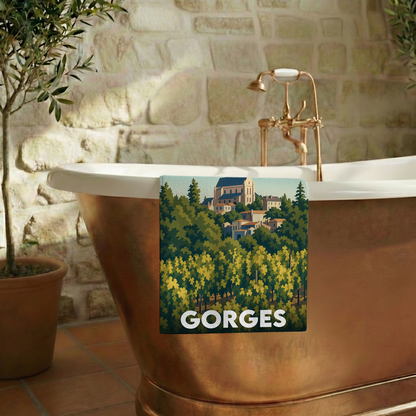 Serviette de bain souvenir de la ville de Gorges avec une illustration stylisée.