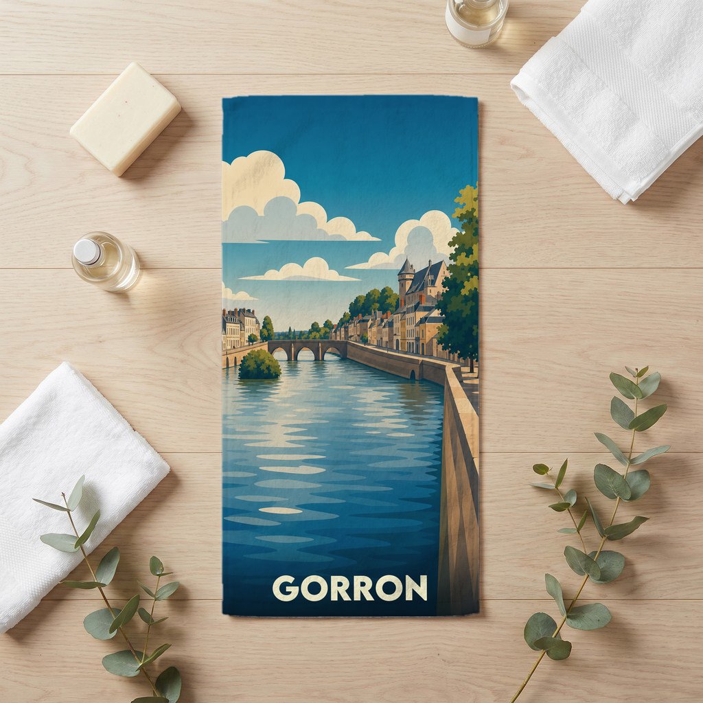 Serviette de bain souvenir de la ville de Gorron avec une illustration stylisée des bords de rivière.