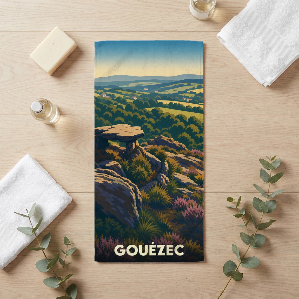 Serviette de bain souvenir de la ville de Gouézec illustrant un paysage panoramique stylisé.