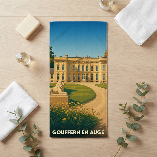 Serviette de bain souvenir de la ville de Gouffern en Auge avec une illustration stylisée d'un château.