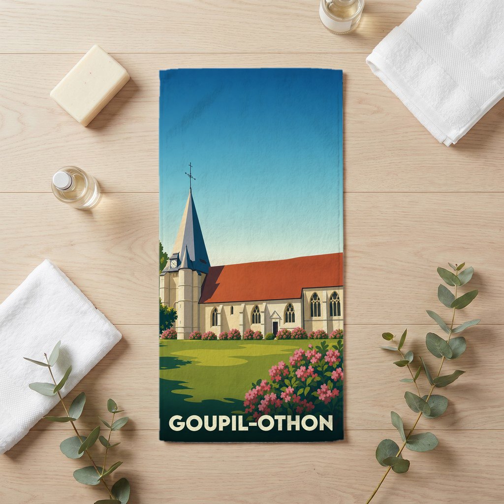 Serviette de bain souvenir de la ville de Goupil-Othon avec une illustration stylisée d'une église.