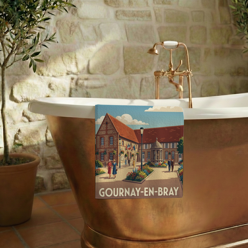 Serviette de bain souvenir de la ville de Gournay-en-Bray avec une illustration stylisée.