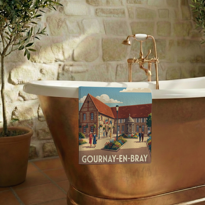 Serviette de bain souvenir de la ville de Gournay-en-Bray avec une illustration stylisée.