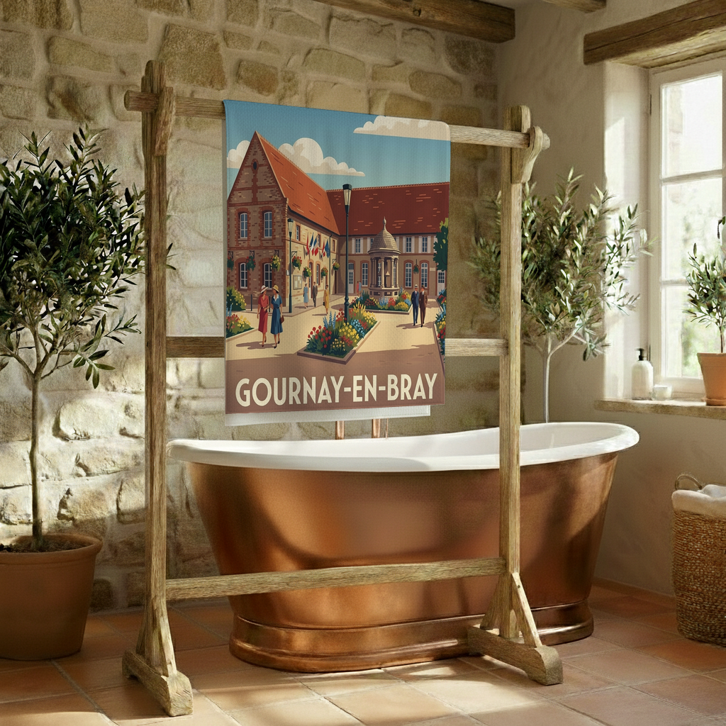 Serviette de bain souvenir de la ville de Gournay-en-Bray avec une illustration stylisée de sa place centrale.