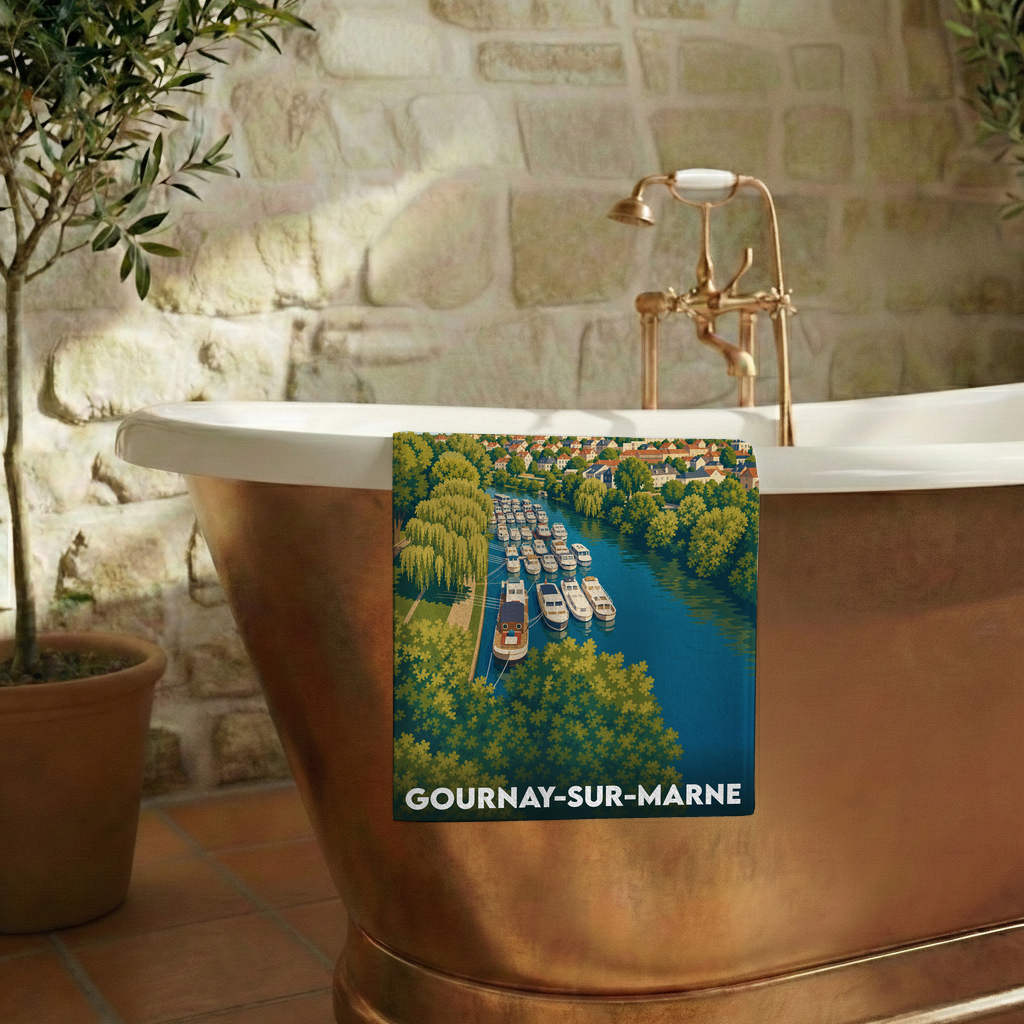 Serviette de bain souvenir de la ville de Gournay-sur-Marne avec une illustration stylisée d'un port fluvial.