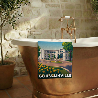Serviette de bain souvenir de la ville de Goussainville avec une illustration stylisée.