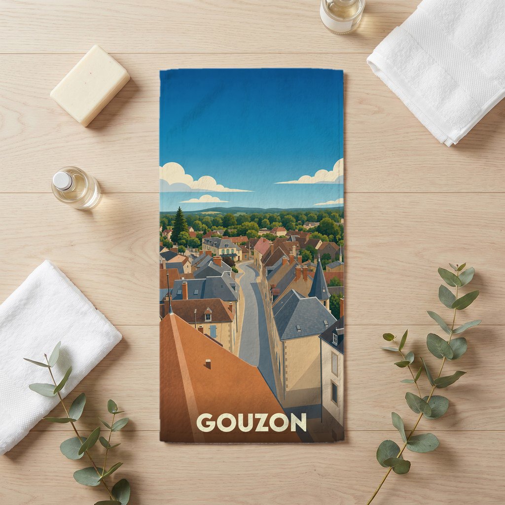 Serviette de bain souvenir de la ville de Gouzon avec une illustration stylisée.