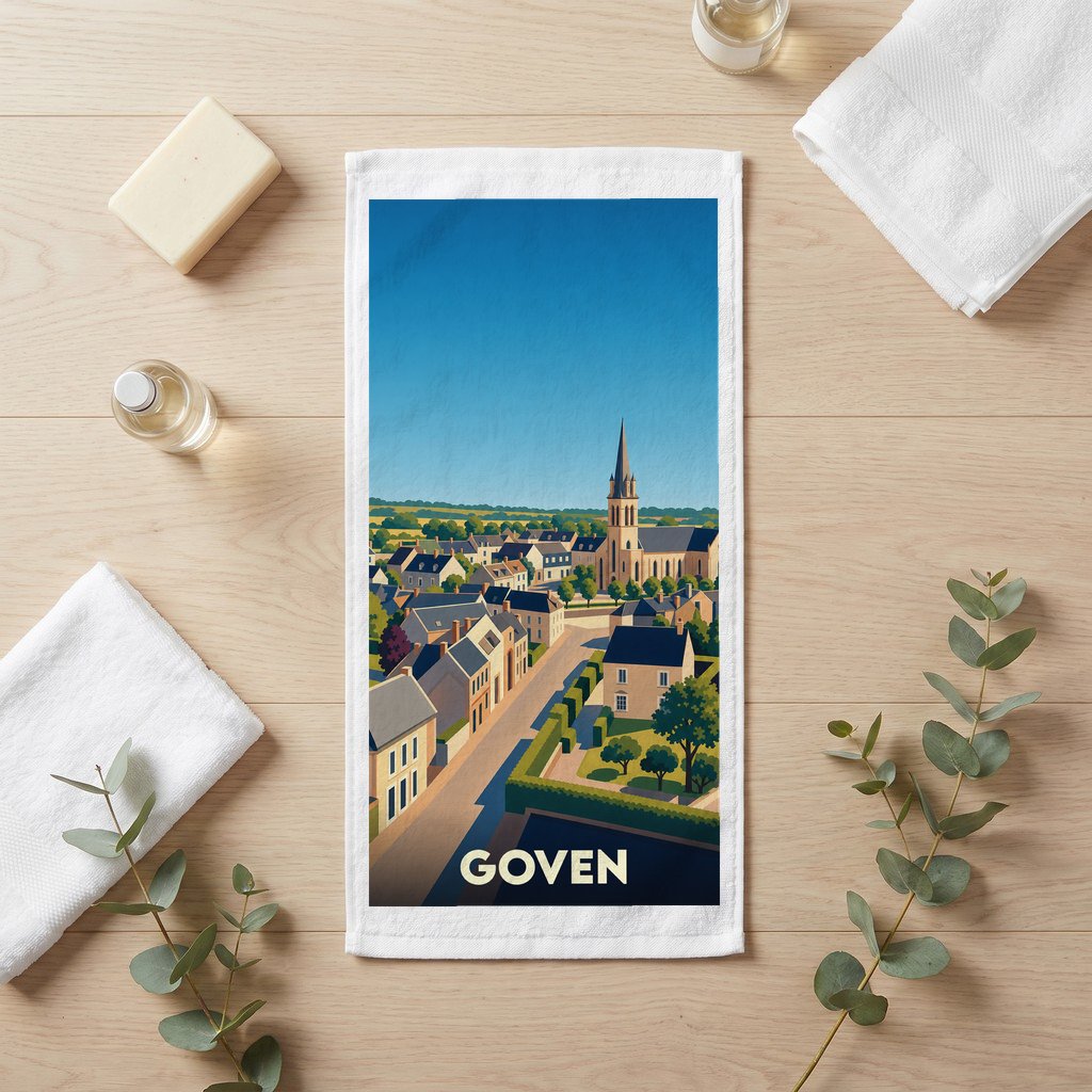 Serviette souvenir de la ville de Goven avec une illustration stylisée d'un paysage urbain.
