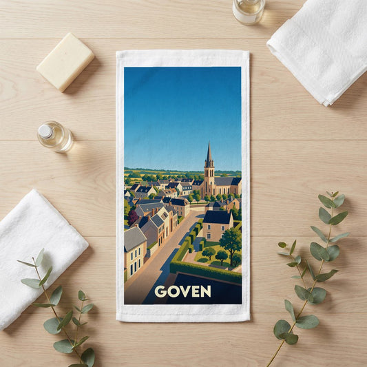 Serviette souvenir de la ville de Goven avec une illustration stylisée d'un paysage urbain.
