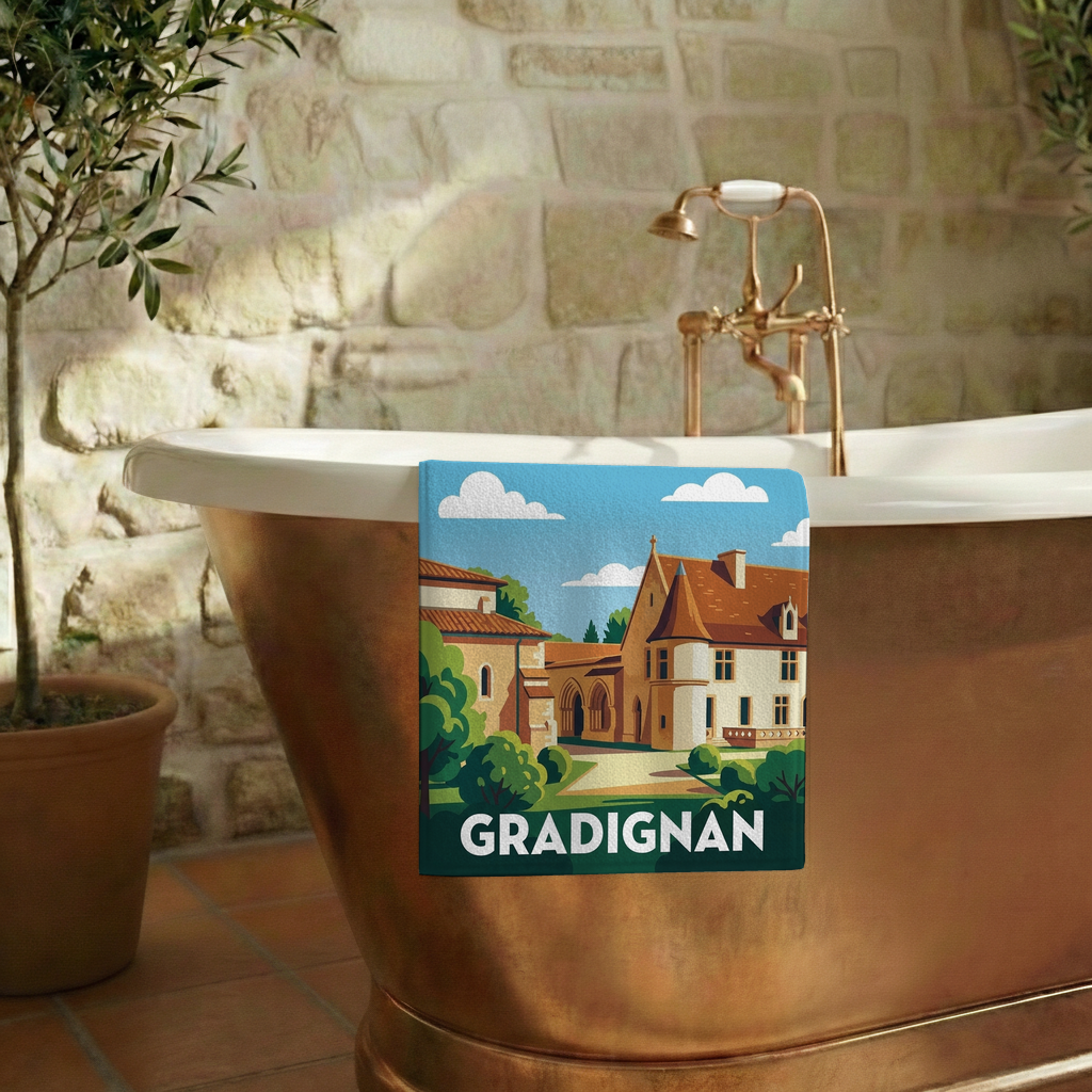 Serviette de bain souvenir de la ville de Gradignan avec une illustration stylisée.