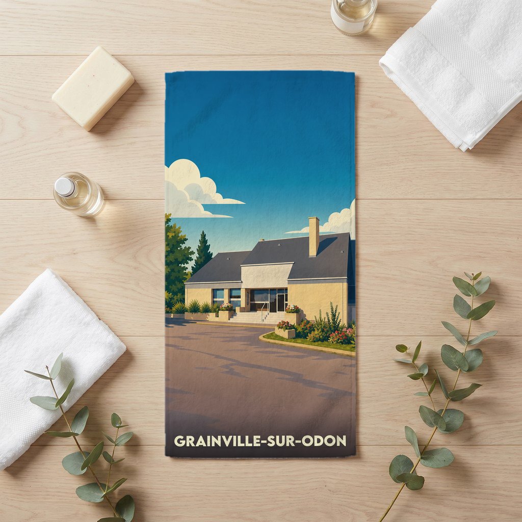 Serviette de bain souvenir de la ville de Grainville-sur-Odon avec une illustration stylisée d'un bâtiment local.