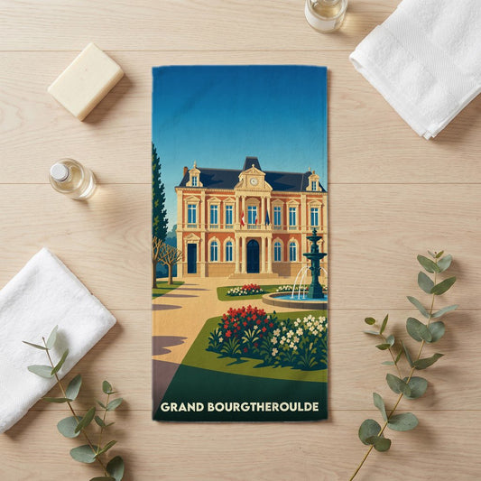Serviette de bain souvenir de la ville de Grand Bourgtheroulde avec une illustration stylisée.