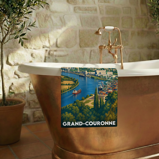 Serviette de bain souvenir de la ville de Grand-Couronne avec une illustration stylisée de son port.