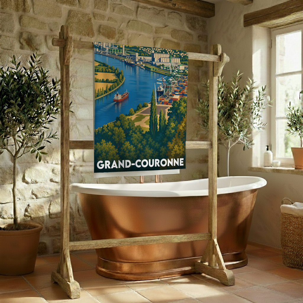 Serviette de bain souvenir de la ville de Grand-Couronne avec une illustration stylisée du port.
