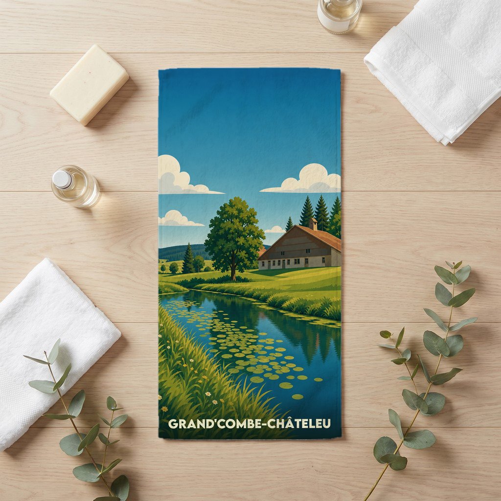Serviette de bain souvenir de la ville de Grand'Combe-Châteleu avec une illustration paysagère stylisée.