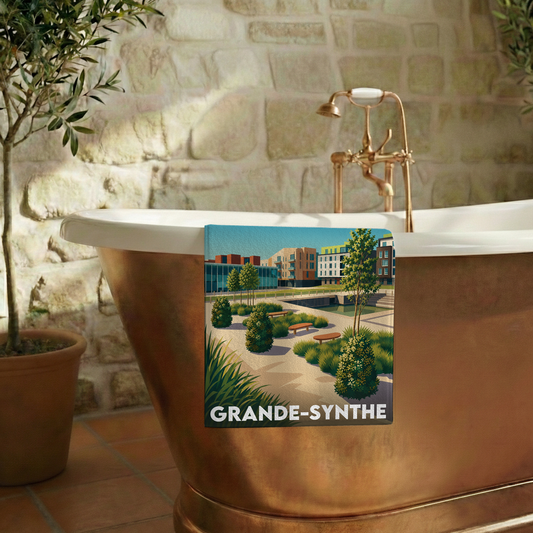 Serviette de bain souvenir de la ville de Grande-Synthe avec une illustration stylisée.