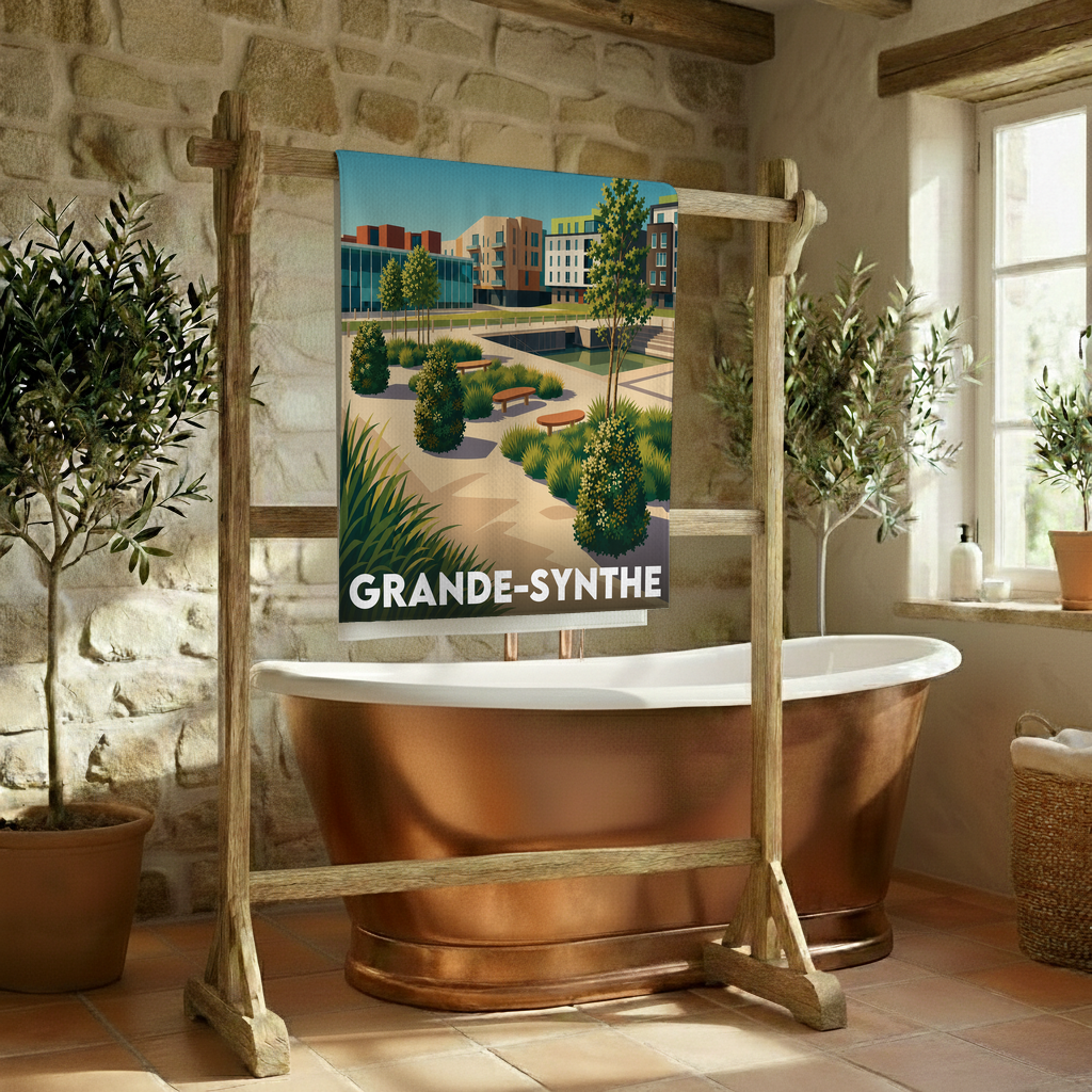 Serviette de bain souvenir de la ville de Grande-Synthe avec une illustration stylisée de son paysage urbain.