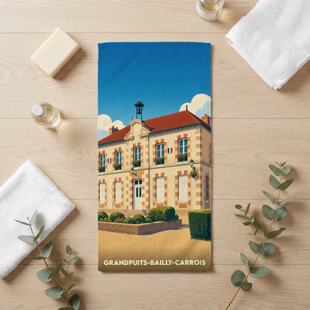 Serviette de bain souvenir de la ville de Grandpuits-Bailly-Carrois avec une illustration stylisée de sa mairie.