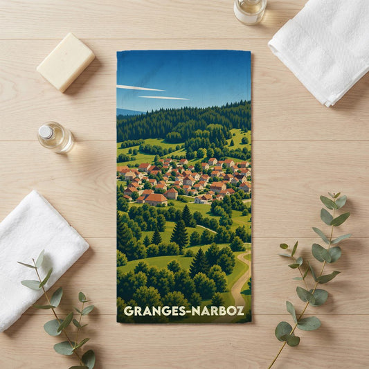 Serviette de bain souvenir de la ville de Granges-Narboz avec une illustration de paysage champêtre.