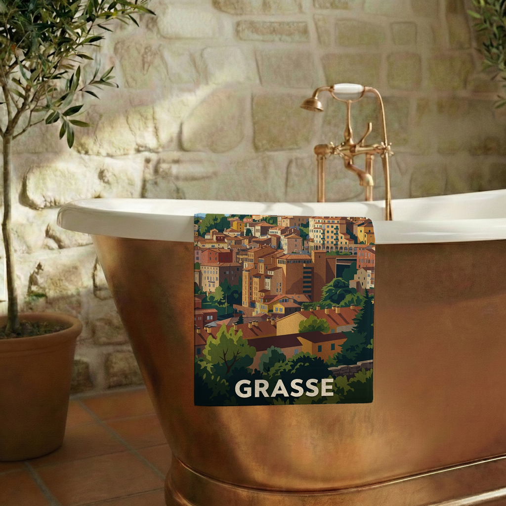 Serviette de bain souvenir de la ville de Grasse avec une illustration stylisée.