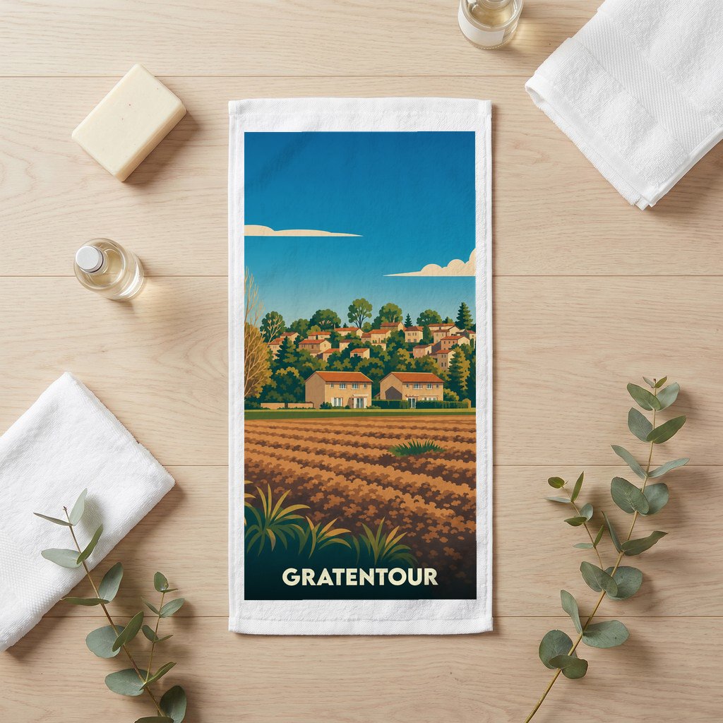 Serviette de bain souvenir de la ville de Gratentour avec une illustration stylisée de paysages et de maisons.