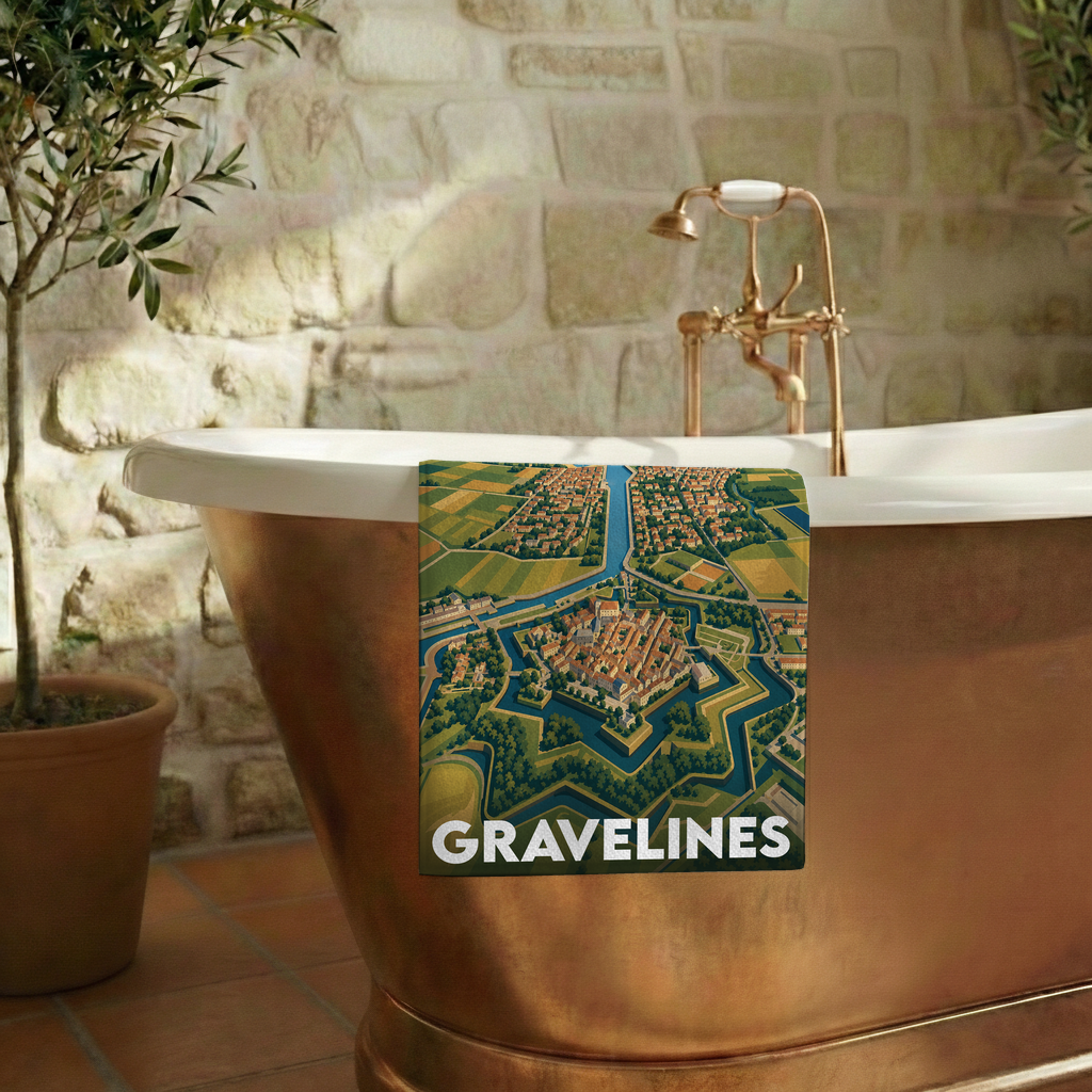 Serviette de bain souvenir de la ville de Gravelines illustrée par une vue aérienne stylisée de ses remparts en étoile.