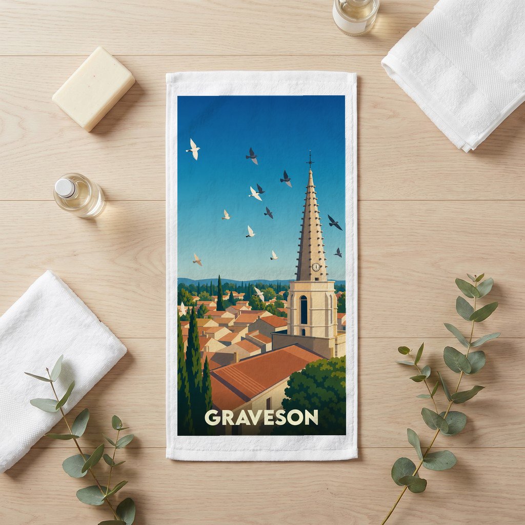 Serviette de bain souvenir de la ville de Graveson avec une illustration stylisée de son clocher.