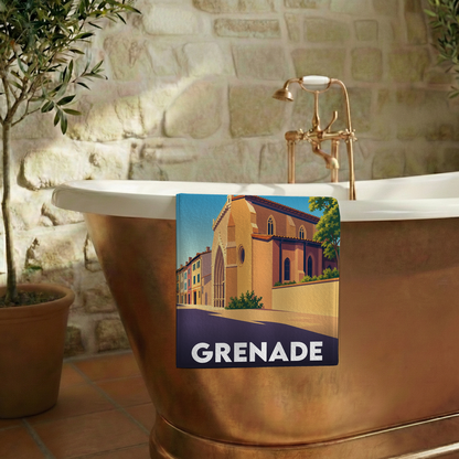 Serviette de bain souvenir de la ville de Grenade avec une illustration stylisée.