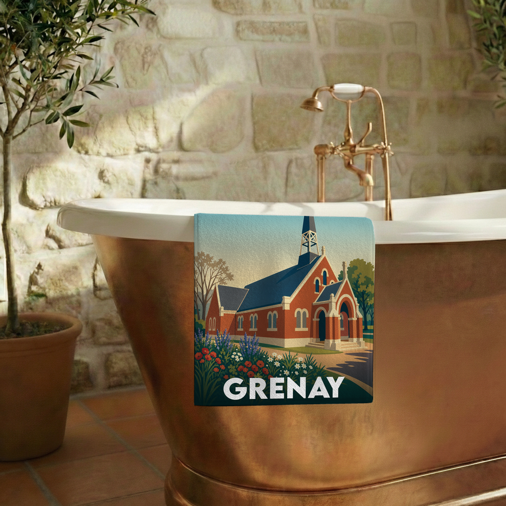 Serviette de bain souvenir de la ville de Grenay avec une illustration stylisée.