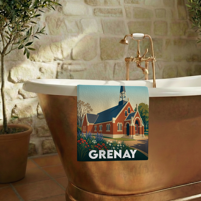 Serviette de bain souvenir de la ville de Grenay avec une illustration stylisée.